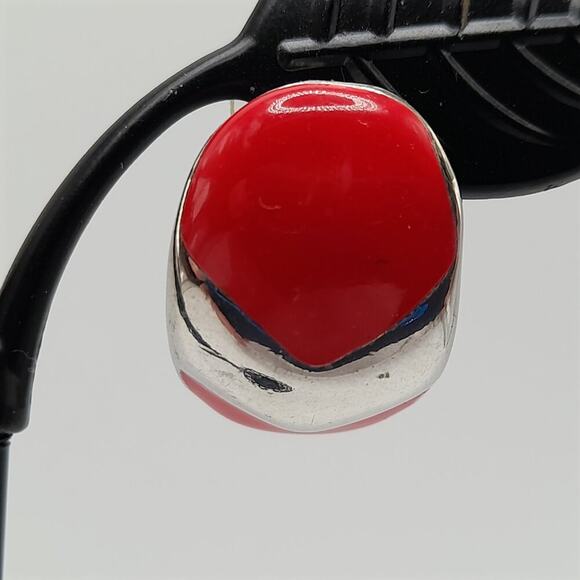 Vintage Red Enamel Silver Tone Post Earrings, 1 Inch - Picture 3 of 11